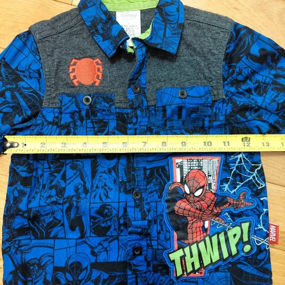 DISNEY STORE MARVEL Boys 4 LONG SLEEVED SHIRT SPIDERMAN Embroidered‎ BLUE Button